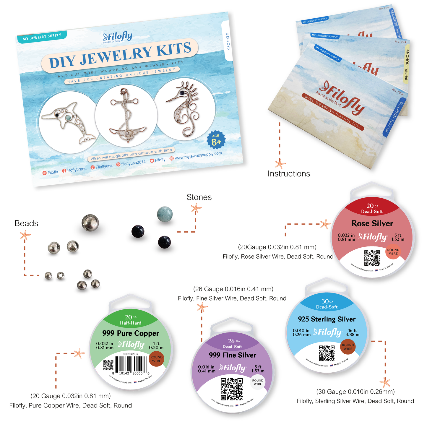 Filofly DIY Jewelry Making Kit 004 Ocean with Materials and Instructions to Make Sea Horse, Dophin, and Anchor Wire Wrapping Wire Weaving Gift