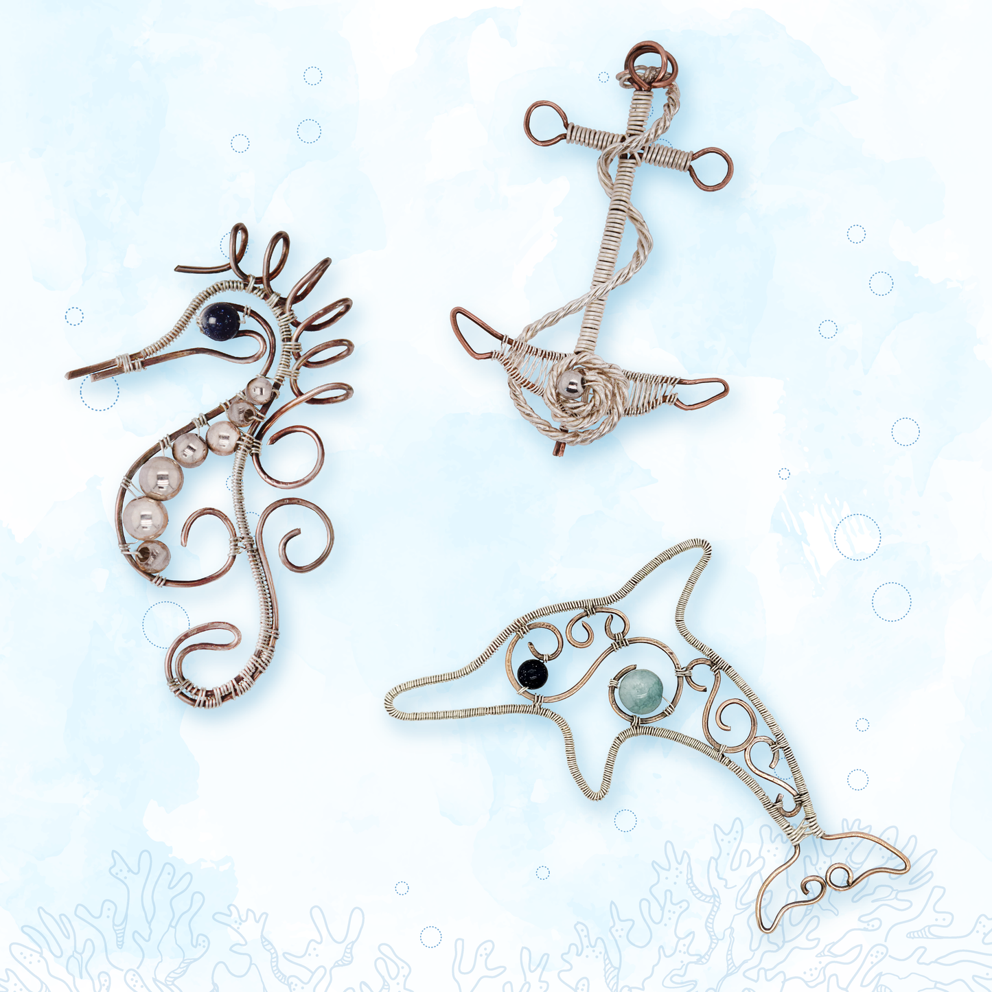 Filofly DIY Jewelry Making Kit 004 Ocean with Materials and Instructions to Make Sea Horse, Dophin, and Anchor Wire Wrapping Wire Weaving Gift