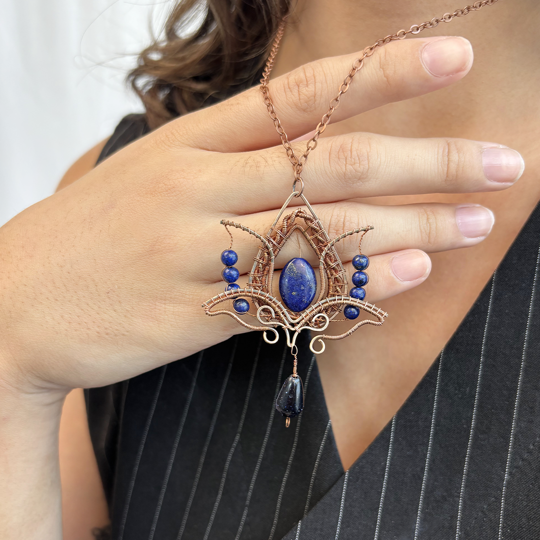 Filofly Handmade Lapis Lazuri Lotus Pendant Copper Rose Silver Wire Weaving and Wrapped Jewelry Natural Stone with 18 Necklace for women gift