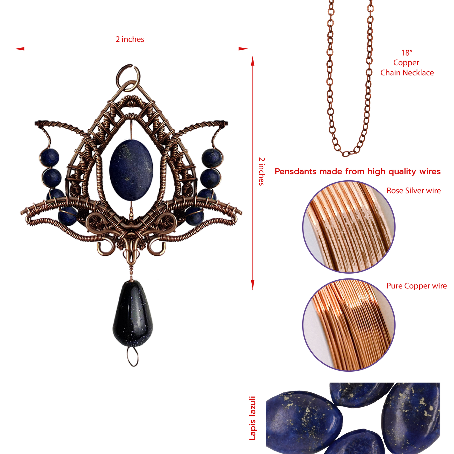 Filofly Handmade Lapis Lazuri Lotus Pendant Copper Rose Silver Wire Weaving and Wrapped Jewelry Natural Stone with 18 Necklace for women gift