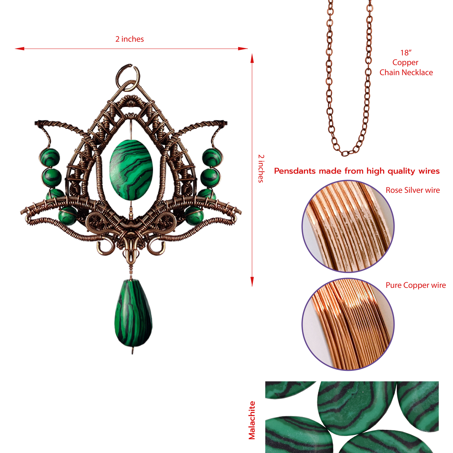 Filofly Handmade Malachite Lotus Pendant Copper Rose Silver Wire Weaving and Wrapped Jewelry Natural Stone with 18 Necklace for women gift