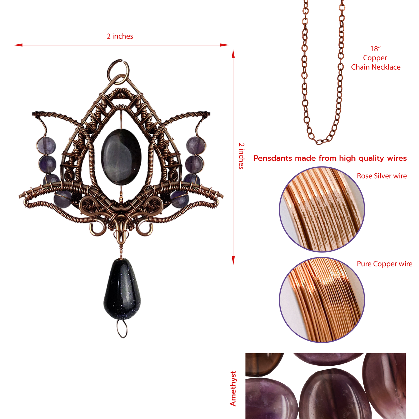 Filofly Handmade Amethyst Lotus Pendant Copper Rose Silver Wire Weaving and Wrapped Jewelry Natural Stone with 18 Necklace for women gift