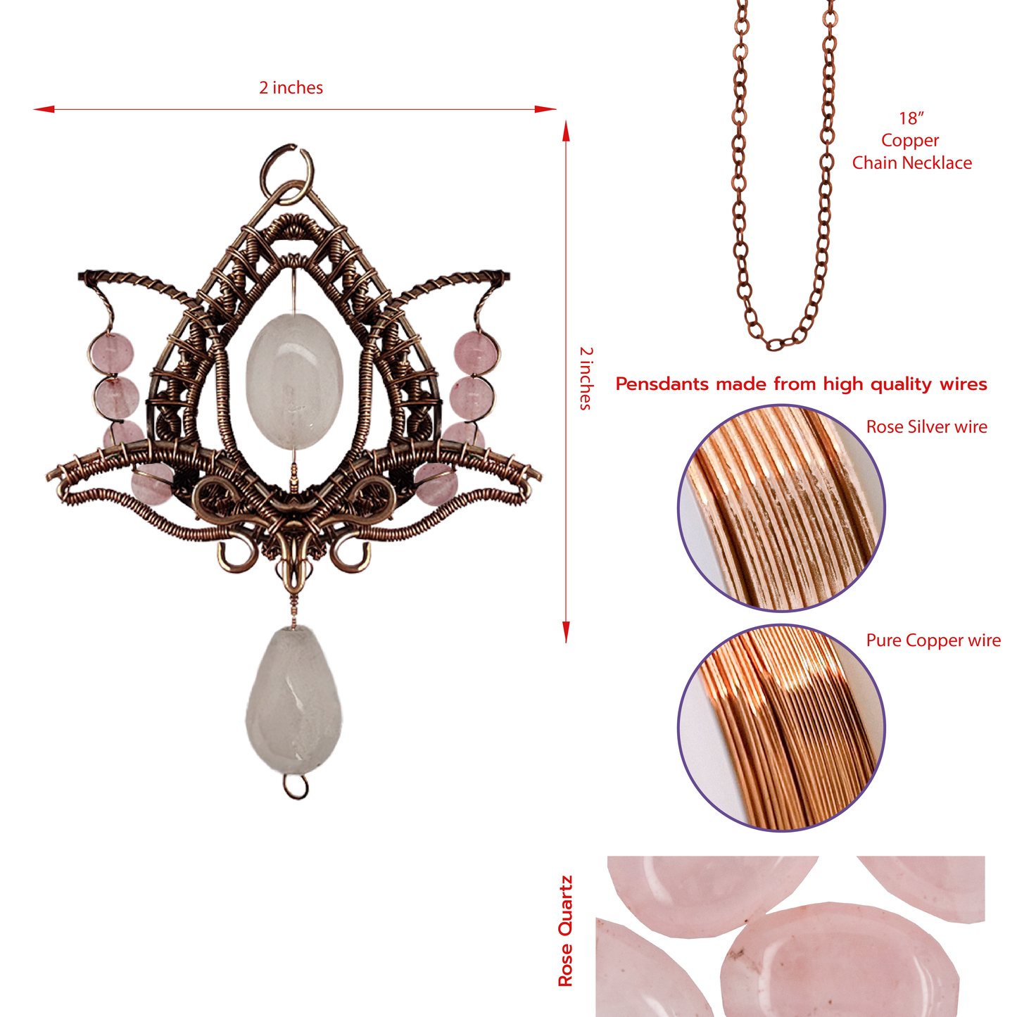Filofly Handmade Rose Quartz Lotus Pendant Copper Rose Silver Wire Weaving and Wrapped Jewelry Natural Stone with 18 Necklace for women gift