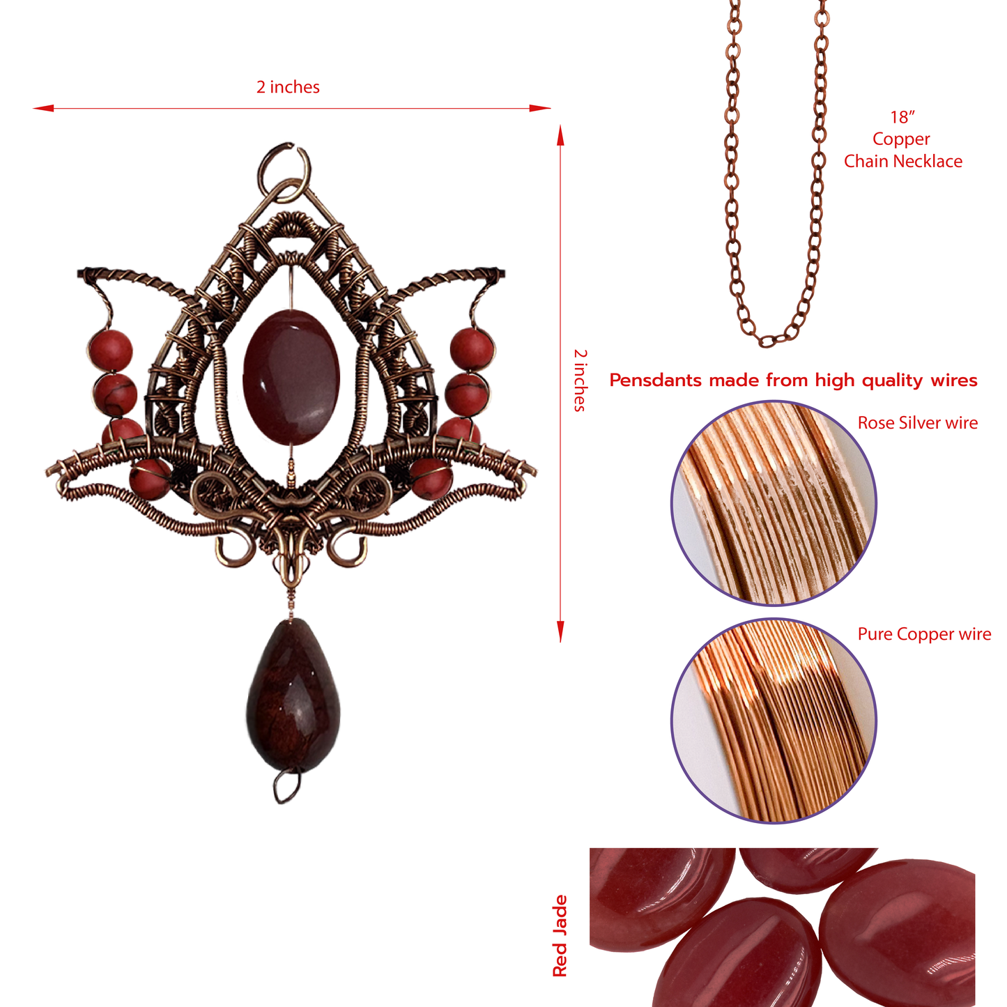 Filofly Handmade Red Jade Lotus Pendant Copper Rose Silver Wire Weaving and Wrapped Jewelry Natural Stone with 18 Necklace for women gift