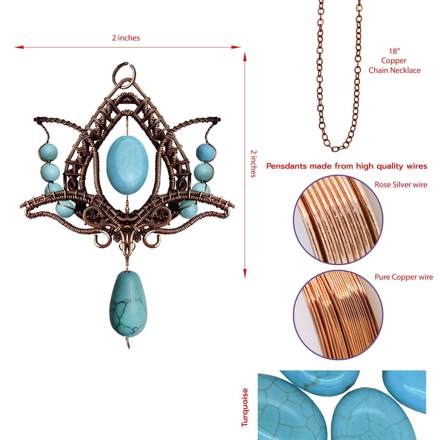 Filofly Handmade Turquoise Lotus Pendant Copper Rose Silver Wire Weaving and Wrapped Jewelry Natural Stone with 18 Necklace for women gift