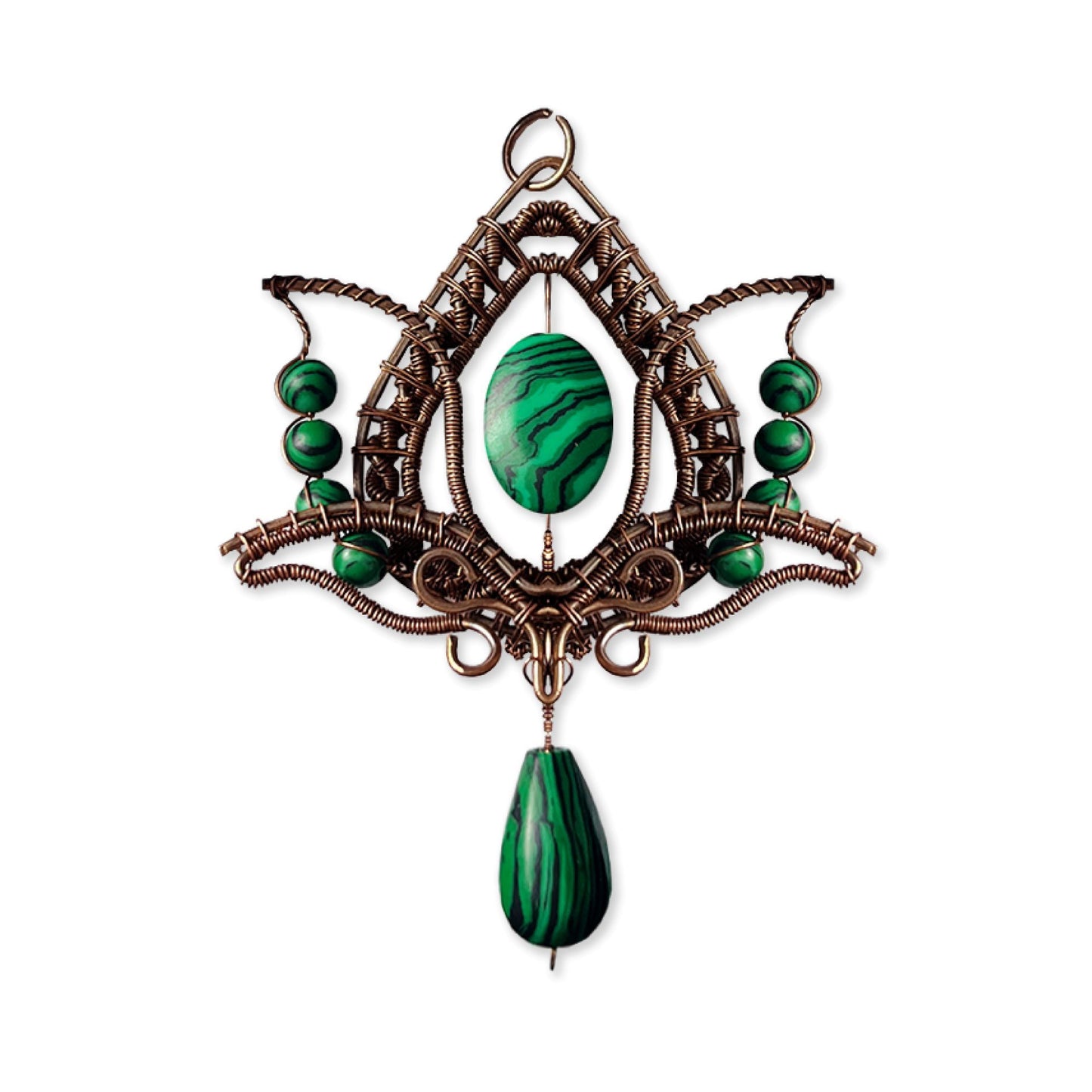 Filofly Handmade Malachite Lotus Pendant Copper Rose Silver Wire Weaving and Wrapped Jewelry Natural Stone with 18 Necklace for women gift