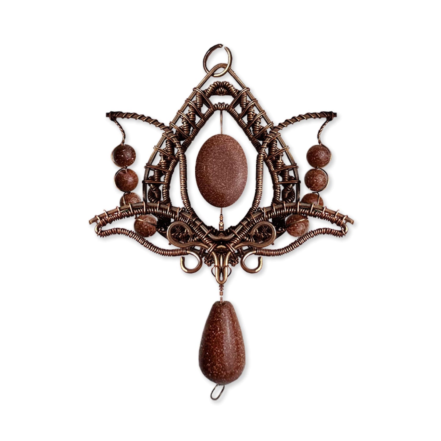 Filofly Handmade Goldstone Lotus Pendant Copper Rose Silver Wire Weaving and Wrapped Jewelry Natural Stone with 18 Necklace for women gift