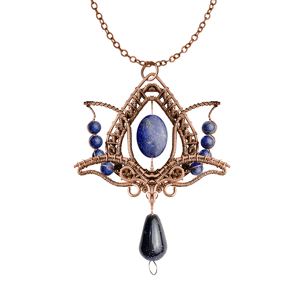 Filofly Handmade Lapis Lazuri Lotus Pendant Copper Rose Silver Wire Weaving and Wrapped Jewelry Natural Stone with 18 Necklace for women gift