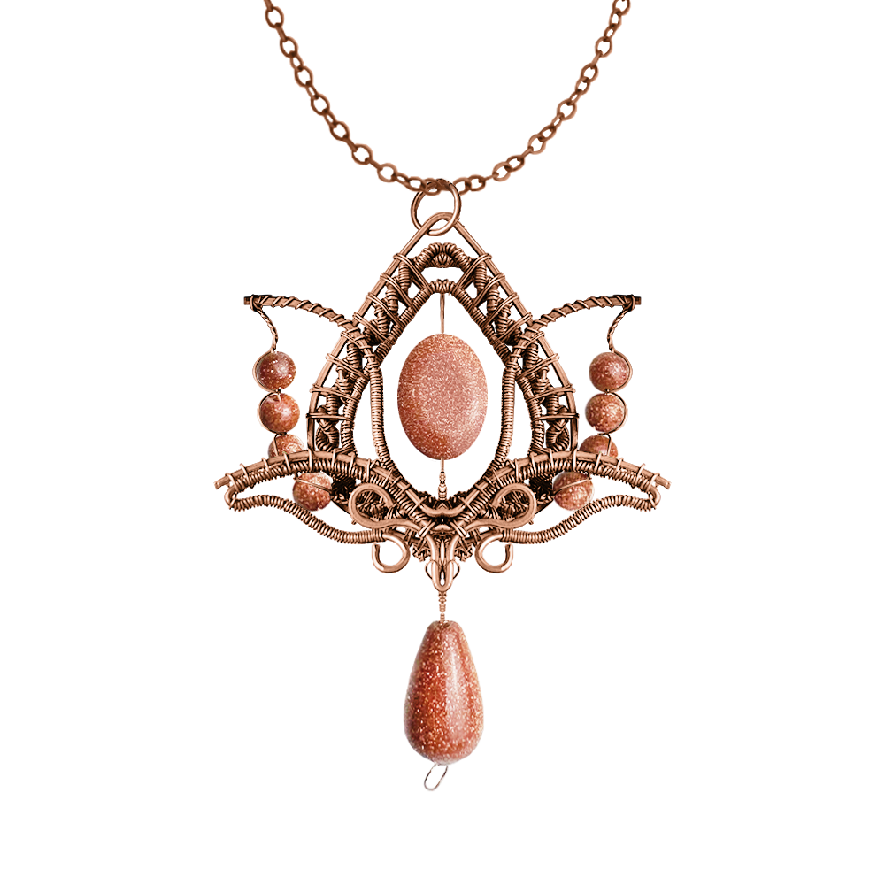 Filofly Handmade Goldstone Lotus Pendant Copper Rose Silver Wire Weaving and Wrapped Jewelry Natural Stone with 18 Necklace for women gift