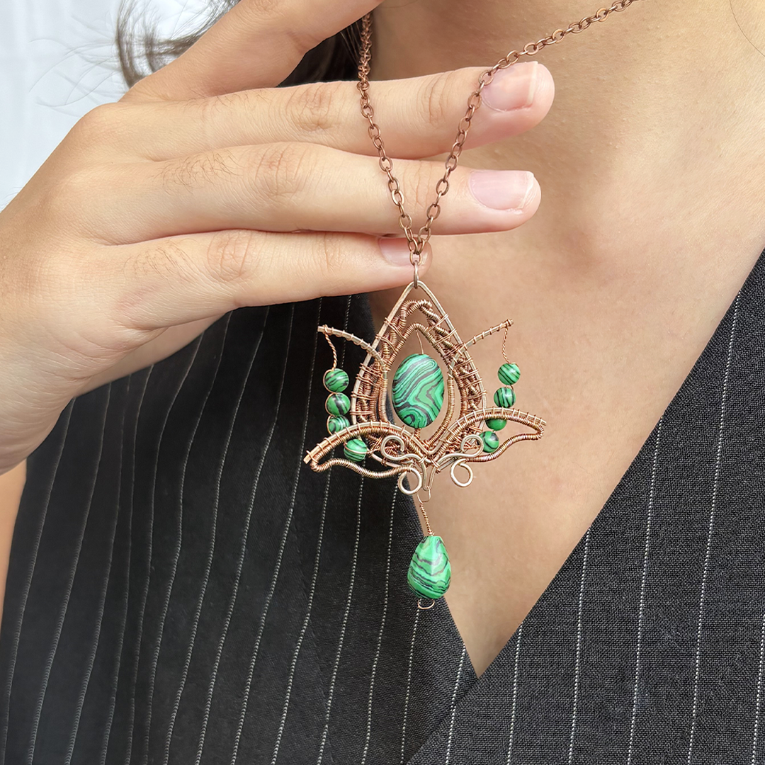 Filofly Handmade Malachite Lotus Pendant Copper Rose Silver Wire Weaving and Wrapped Jewelry Natural Stone with 18 Necklace for women gift