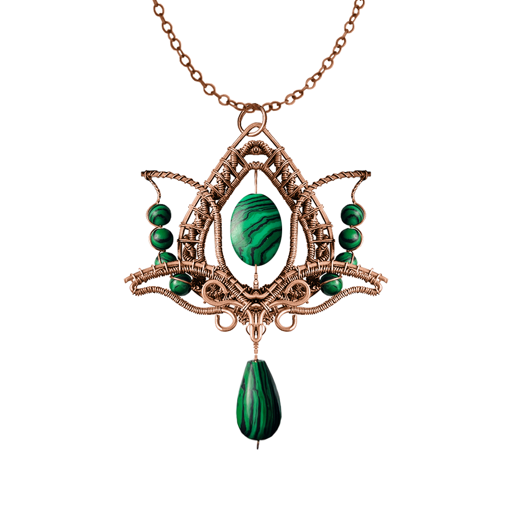 Filofly Handmade Malachite Lotus Pendant Copper Rose Silver Wire Weaving and Wrapped Jewelry Natural Stone with 18 Necklace for women gift