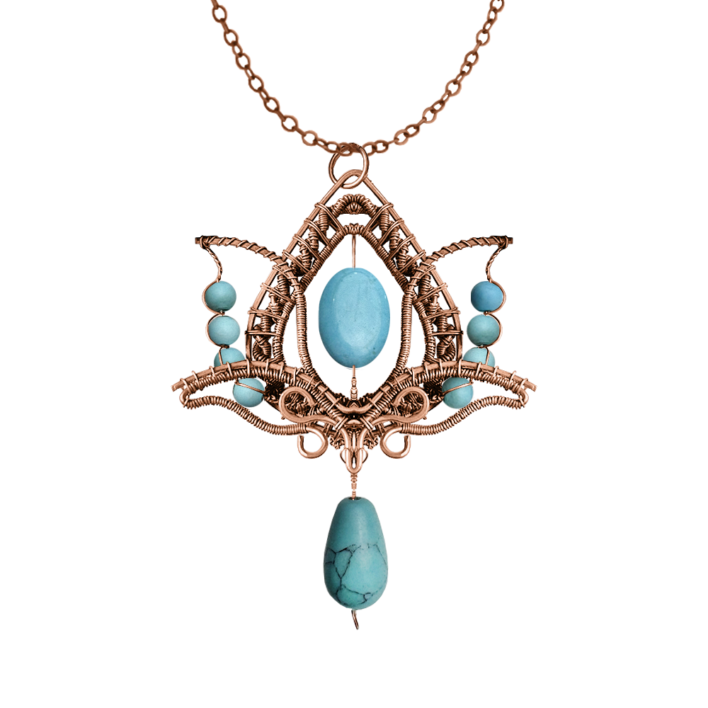 Filofly Handmade Turquoise Lotus Pendant Copper Rose Silver Wire Weaving and Wrapped Jewelry Natural Stone with 18 Necklace for women gift