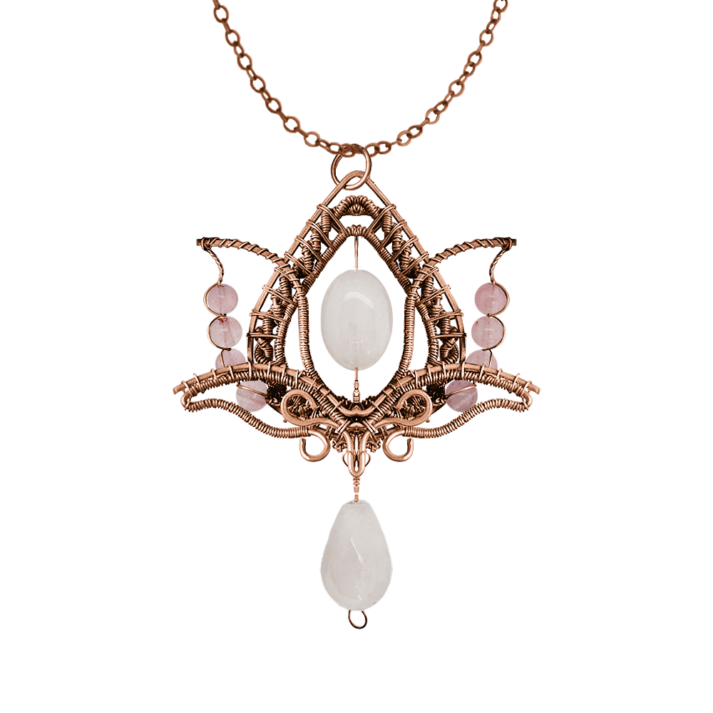 Filofly Handmade Rose Quartz Lotus Pendant Copper Rose Silver Wire Weaving and Wrapped Jewelry Natural Stone with 18 Necklace for women gift
