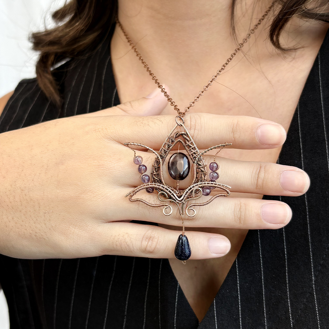Filofly Handmade Amethyst Lotus Pendant Copper Rose Silver Wire Weaving and Wrapped Jewelry Natural Stone with 18 Necklace for women gift