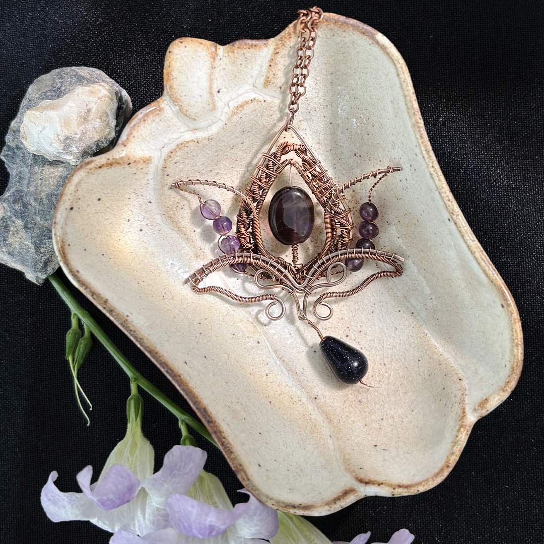 Filofly Handmade Amethyst Lotus Pendant Copper Rose Silver Wire Weaving and Wrapped Jewelry Natural Stone with 18 Necklace for women gift
