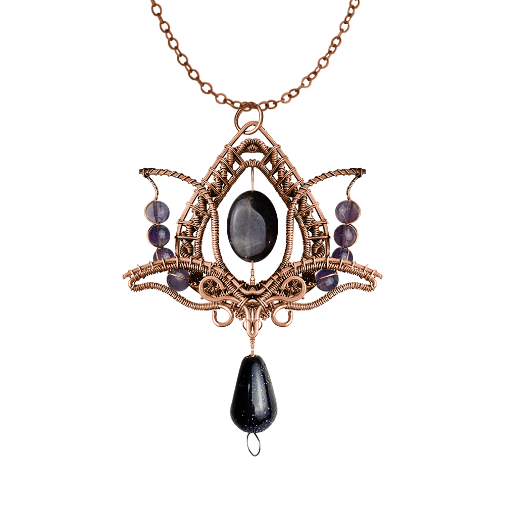 Filofly Handmade Amethyst Lotus Pendant Copper Rose Silver Wire Weaving and Wrapped Jewelry Natural Stone with 18 Necklace for women gift