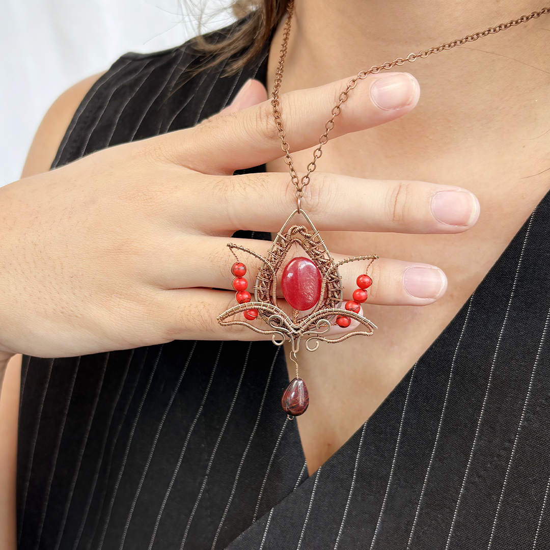 Filofly Handmade Red Jade Lotus Pendant Copper Rose Silver Wire Weaving and Wrapped Jewelry Natural Stone with 18 Necklace for women gift