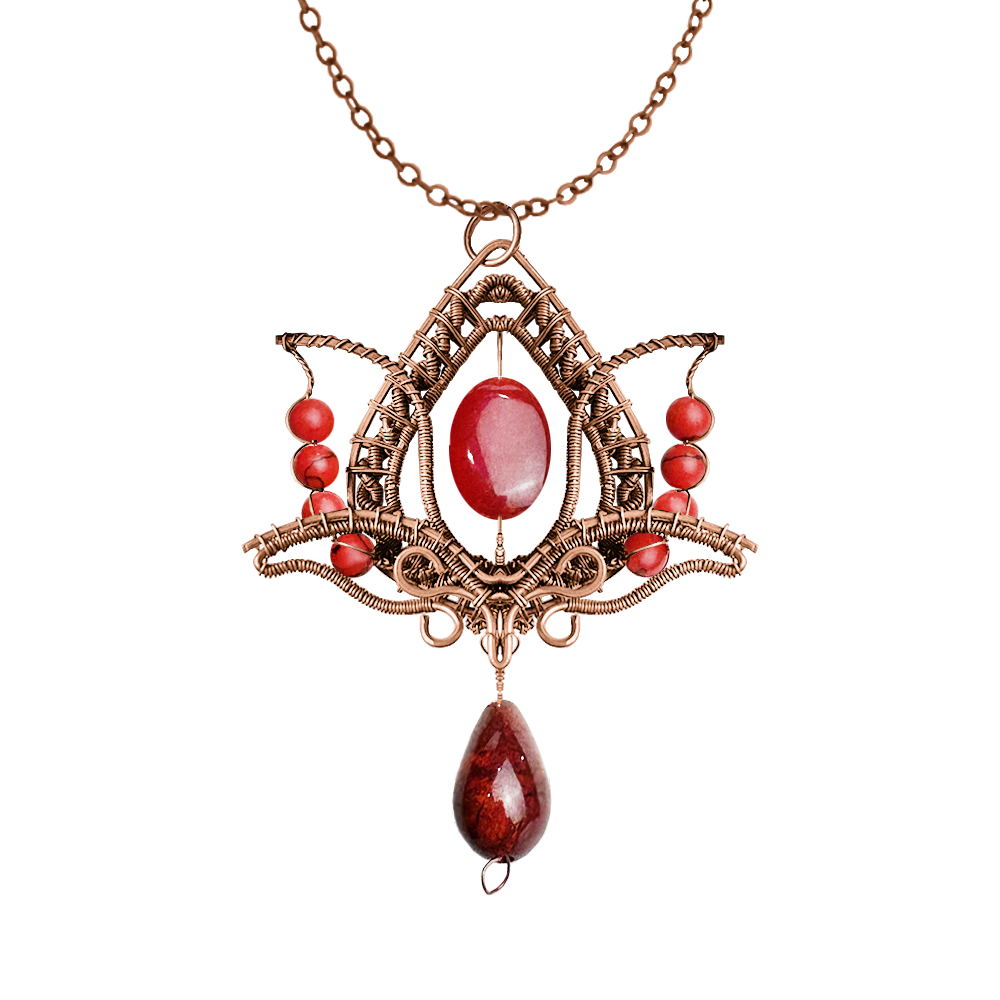Filofly Handmade Red Jade Lotus Pendant Copper Rose Silver Wire Weaving and Wrapped Jewelry Natural Stone with 18 Necklace for women gift