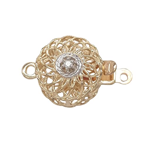 14K Solid Yellow Gold Diamond-Set Filigree Round Safety Clasp 2pts Diamond Pearl Clasp Pearl and Gemstone Strands