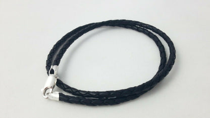 Black Leather Necklace Braided Cord Rhodium-Plated Sterling Silver Clasp 3MM 4MM