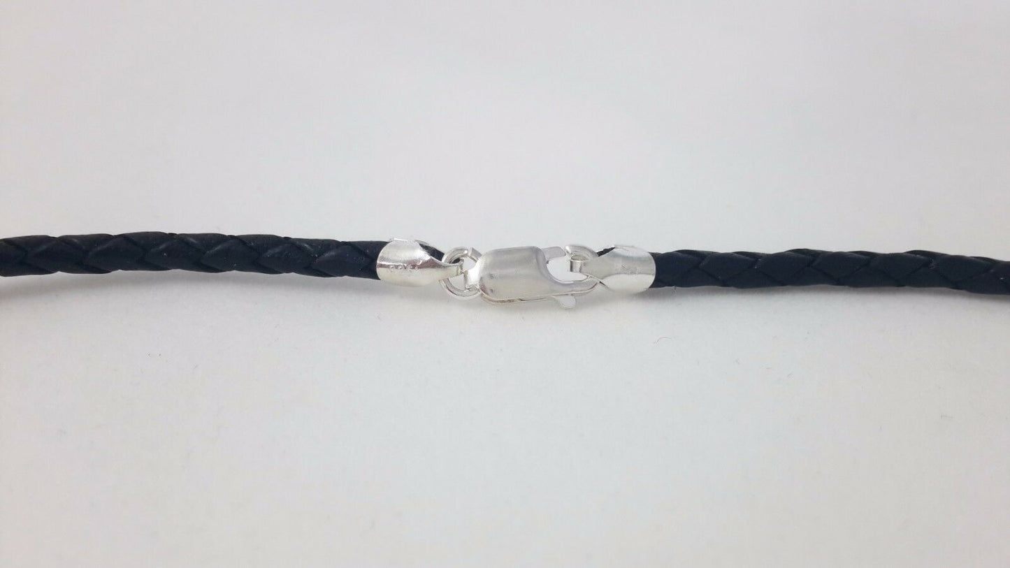 Black Leather Necklace Braided Cord Rhodium-Plated Sterling Silver Clasp 3MM 4MM