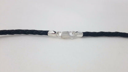 Black Leather Necklace Braided Cord Rhodium-Plated Sterling Silver Clasp 3MM 4MM