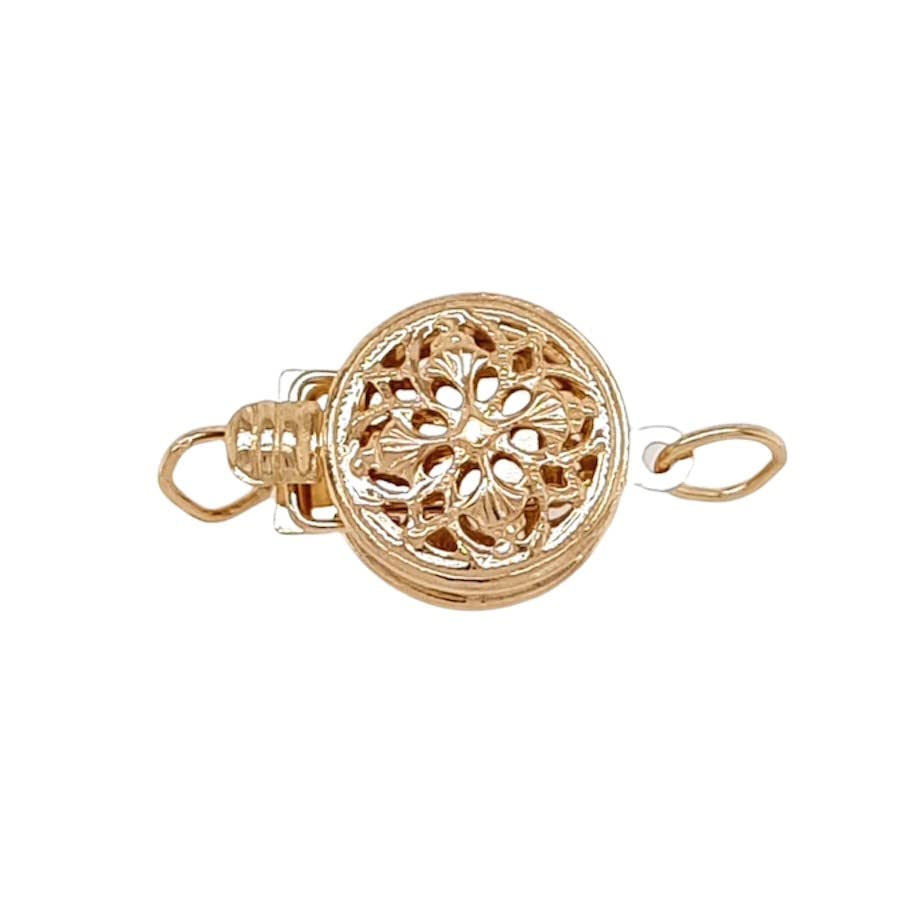 9MM 14K Solid Yellow Gold Round Filigree Safety Clasp Button Style Double-Sided Open Made in USA