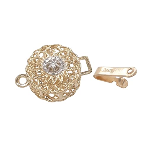 14K Solid Yellow Gold Diamond-Set Filigree Round Safety Clasp 2pts Diamond Pearl Clasp Pearl and Gemstone Strands