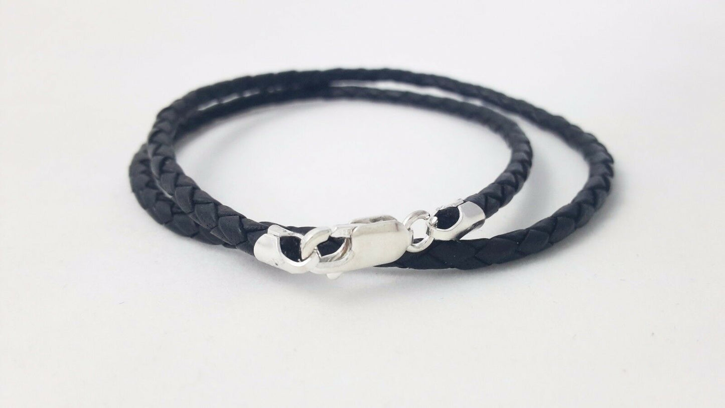 Black Leather Necklace Braided Cord Rhodium-Plated Sterling Silver Clasp 3MM 4MM