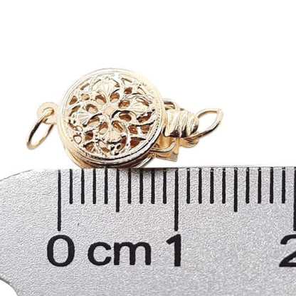 9MM 14K Solid Yellow Gold Round Filigree Safety Clasp Button Style Double-Sided Open Made in USA