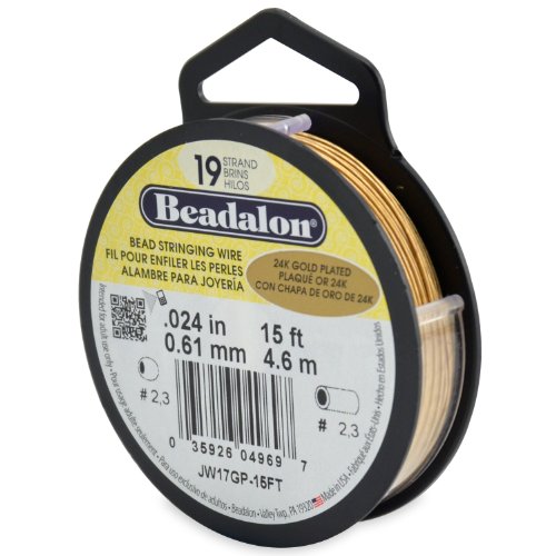 Beadalon 19-Strand Bead Stringing Wire, 0.024-Inch, Gold Plated, 15-Feet