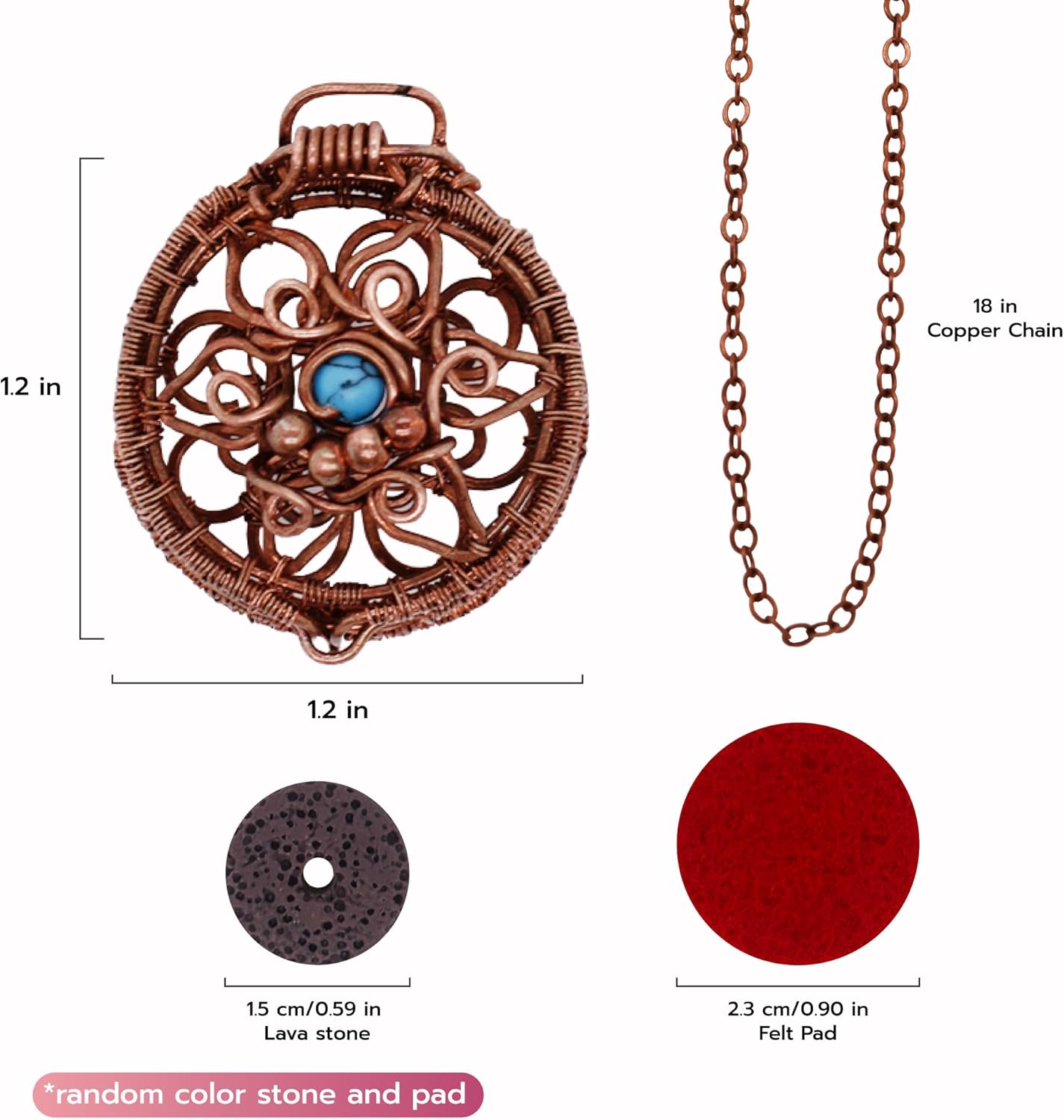 2 in 1 Handmade Scented Copper Pendant Necklace Wearable Essential Oil Fragrance Scented Jewelry with Lava Stone and Diffuser Pad Aromatherapy Pendant Perfume Necklace Scented Locket