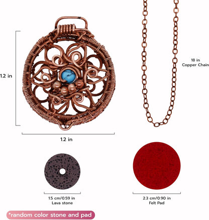 2 in 1 Handmade Scented Copper Pendant Necklace Wearable Essential Oil Fragrance Scented Jewelry with Lava Stone and Diffuser Pad Aromatherapy Pendant Perfume Necklace Scented Locket