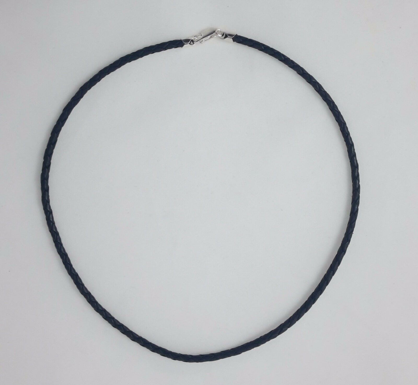 Black Leather Necklace Braided Cord Rhodium-Plated Sterling Silver Clasp 3MM 4MM