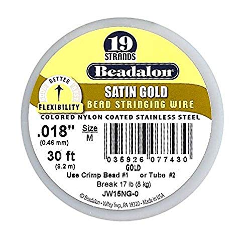 Beadalon 19-Strand Bead Stringing Wire, 0.018-Inch, Satin Gold, 30-Feet