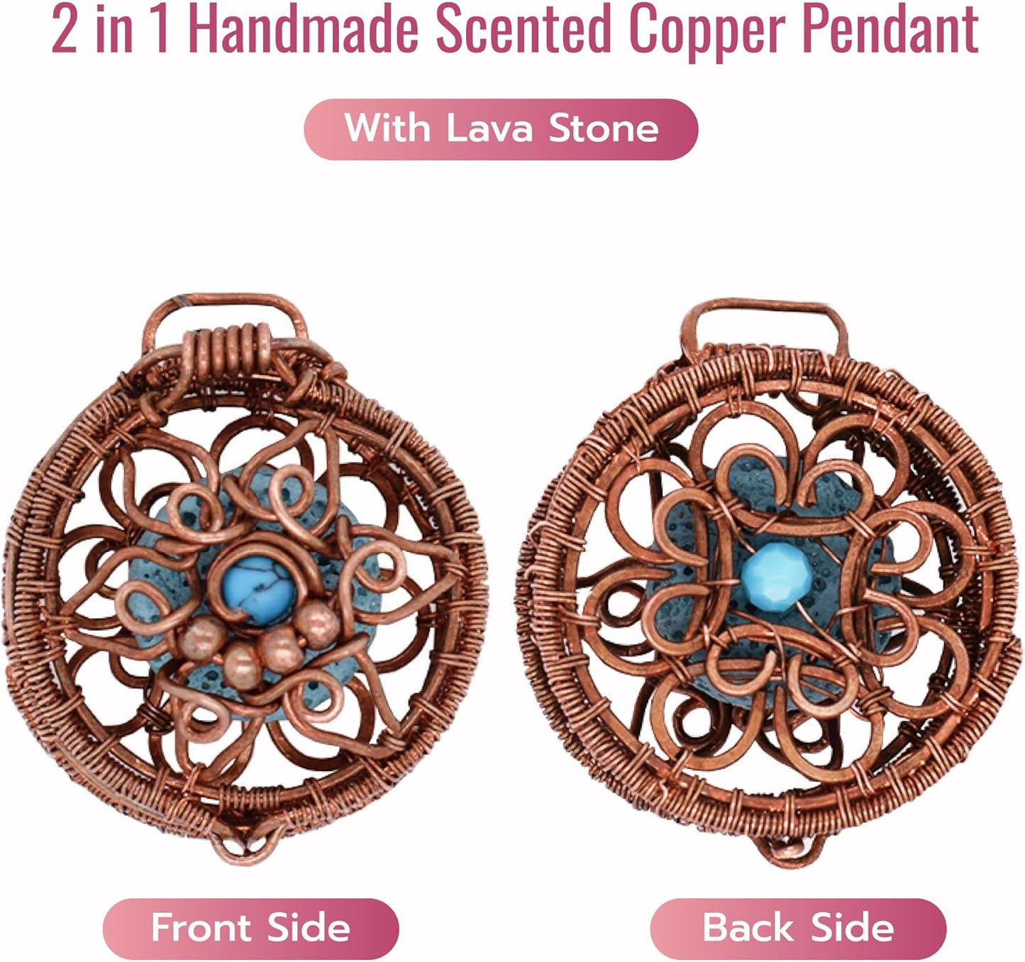 2 in 1 Handmade Scented Copper Pendant Necklace Wearable Essential Oil Fragrance Scented Jewelry with Lava Stone and Diffuser Pad Aromatherapy Pendant Perfume Necklace Scented Locket
