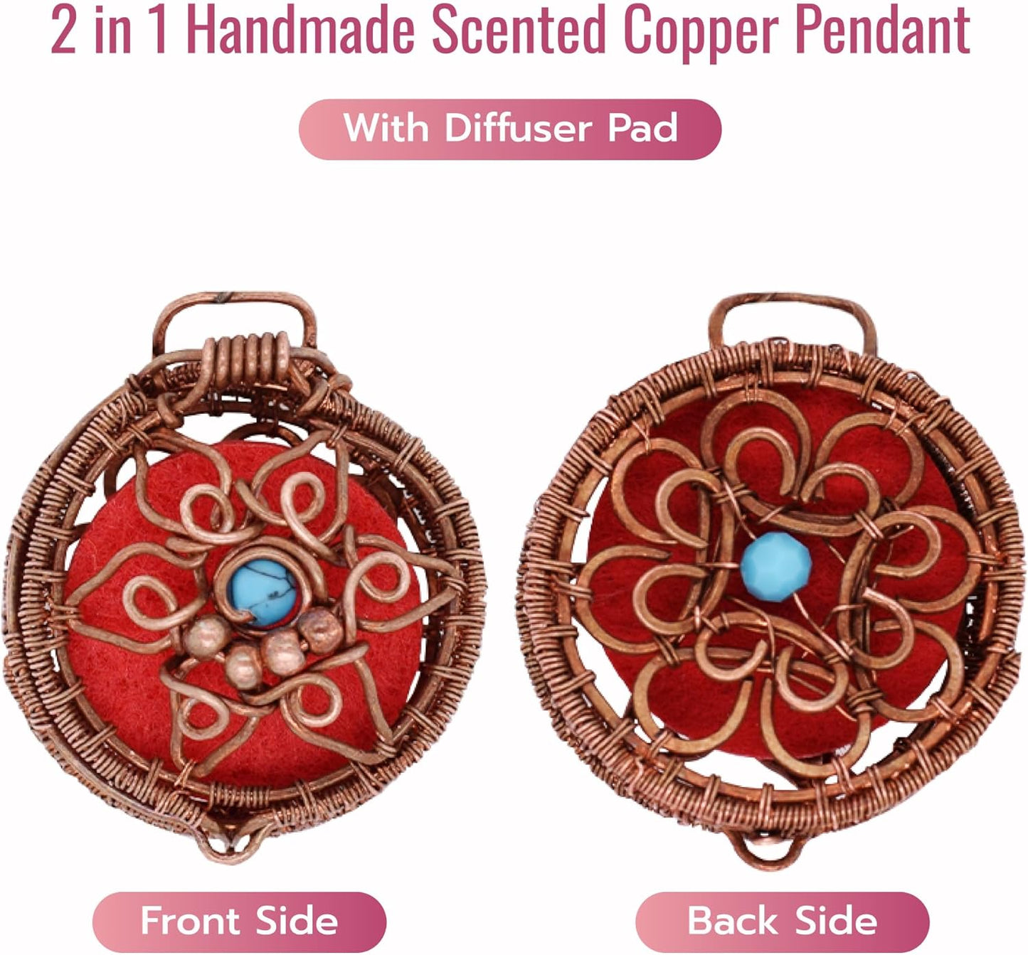2 in 1 Handmade Scented Copper Pendant Necklace Wearable Essential Oil Fragrance Scented Jewelry with Lava Stone and Diffuser Pad Aromatherapy Pendant Perfume Necklace Scented Locket