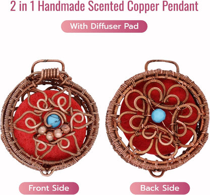 2 in 1 Handmade Scented Copper Pendant Necklace Wearable Essential Oil Fragrance Scented Jewelry with Lava Stone and Diffuser Pad Aromatherapy Pendant Perfume Necklace Scented Locket