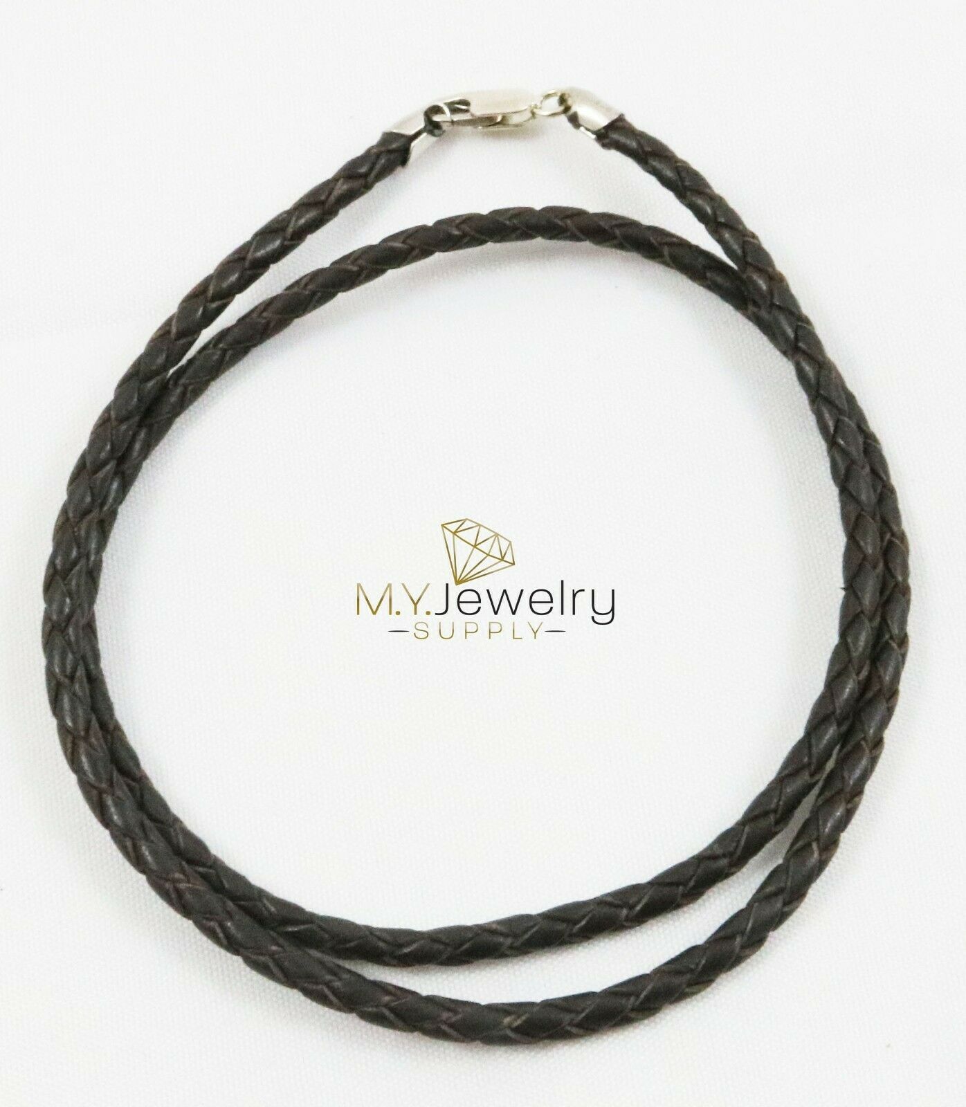 Brown Leather Necklace Braided Cord Rhodium-Plated Sterling Silver Clasp 3MM