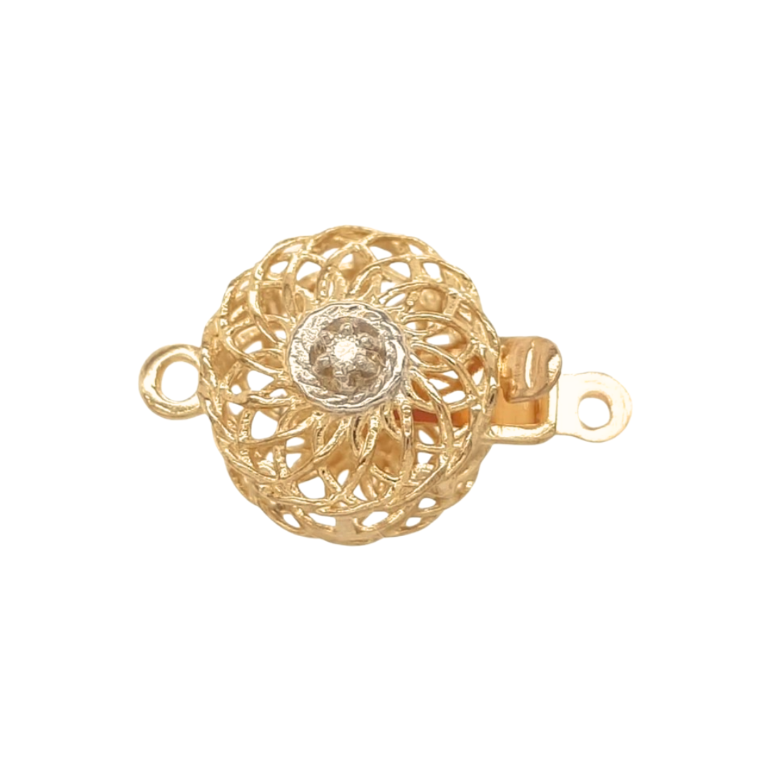 14K Solid Yellow Gold Diamond-Set Filigree Round Safety Clasp 2pts Diamond Pearl Clasp Pearl and Gemstone Strands