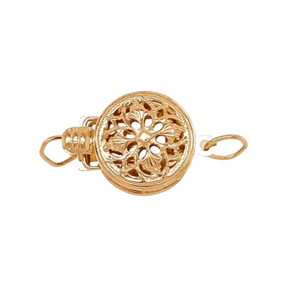 9MM 14K Solid Yellow Gold Round Filigree Safety Clasp Button Style Double-Sided Open Made in USA