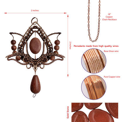 Filofly Handmade Goldstone Lotus Pendant Copper Rose Silver Wire Weaving and Wrapped Jewelry Natural Stone with 18 Necklace for women gift
