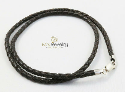 Brown Leather Necklace Braided Cord Rhodium-Plated Sterling Silver Clasp 3MM