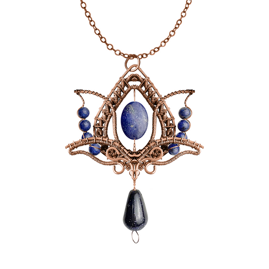 Filofly Handmade Lapis Lazuri Lotus Pendant Copper Rose Silver Wire Weaving and Wrapped Jewelry Natural Stone with 18 Necklace for women gift