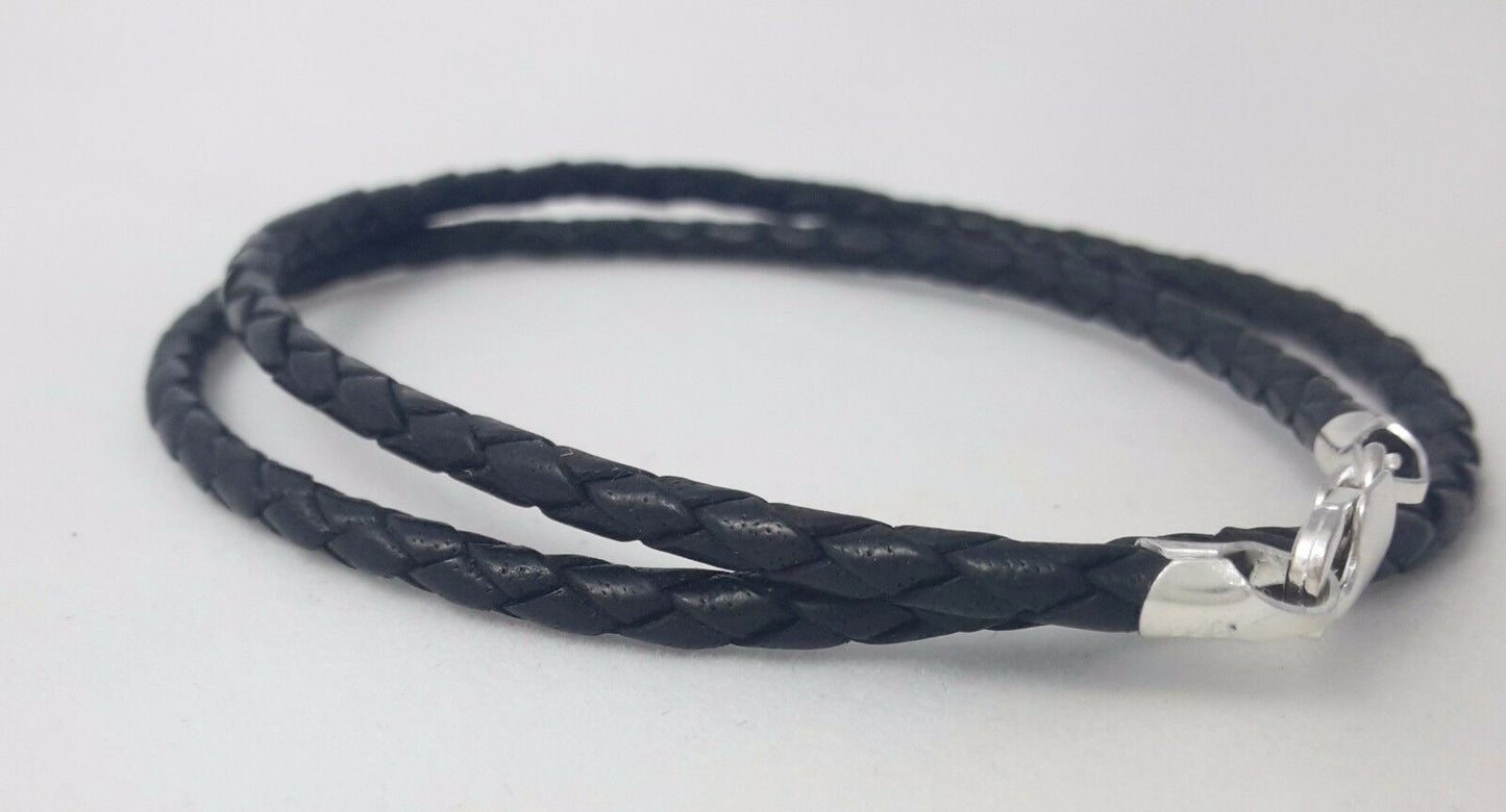 Black Leather Necklace Braided Cord Rhodium-Plated Sterling Silver Clasp 3MM 4MM