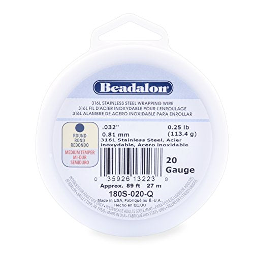 Beadalon 316L Stainless Steel Wrapping Wire, Round, 20 Gauge, Round, 89 feet, 1/4 Pound