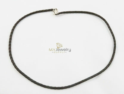 Brown Leather Necklace Braided Cord Rhodium-Plated Sterling Silver Clasp 3MM