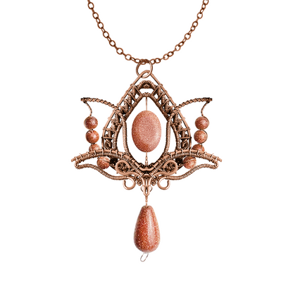 Filofly Handmade Goldstone Lotus Pendant Copper Rose Silver Wire Weaving and Wrapped Jewelry Natural Stone with 18 Necklace for women gift