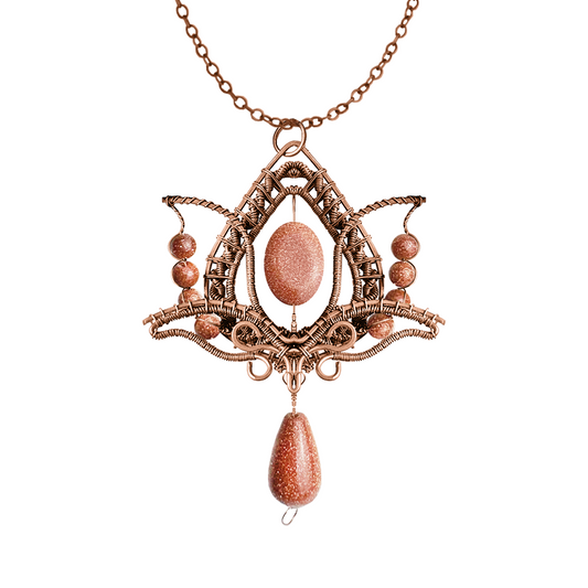 Filofly Handmade Goldstone Lotus Pendant Copper Rose Silver Wire Weaving and Wrapped Jewelry Natural Stone with 18 Necklace for women gift