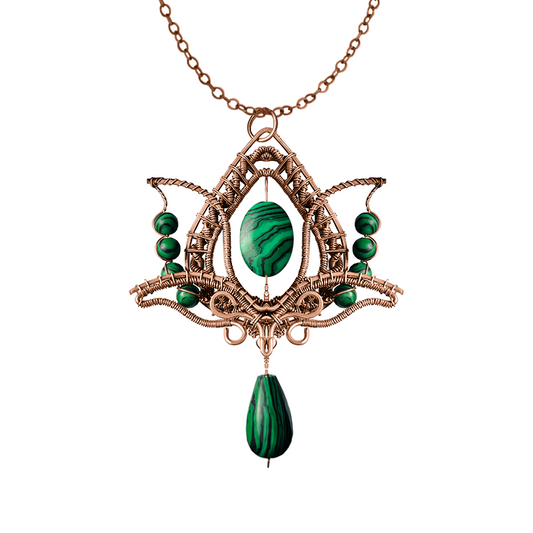 Filofly Handmade Malachite Lotus Pendant Copper Rose Silver Wire Weaving and Wrapped Jewelry Natural Stone with 18 Necklace for women gift